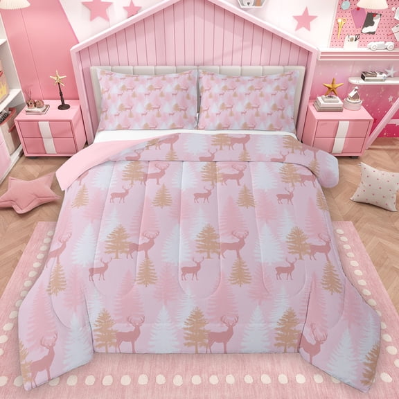 Homewish Magic Reindeer Print Bedding Comforter Set for Kids, Cute Christmas Tree Twin Comforter Sets, Kawaii Pink Cartoon Reversible Bedding Set, Lightweight Room Decor, 2 Pieces
