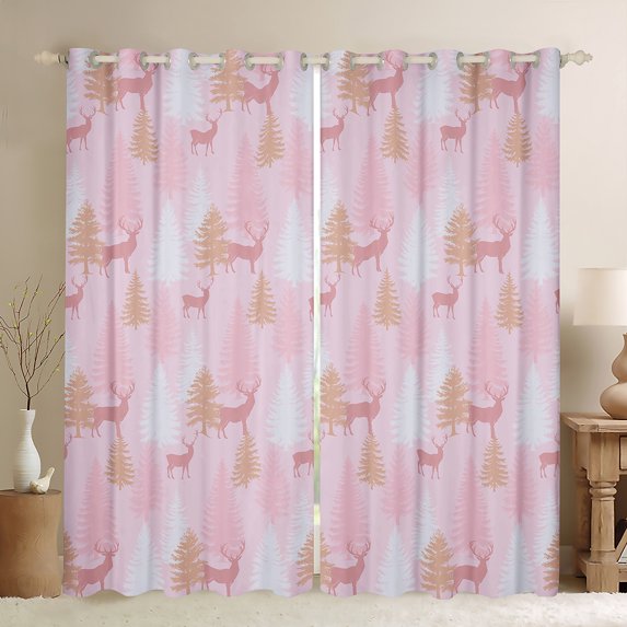 Homewish Magic Reindeer Print Black Out Curtains for Kids, Cute Christmas Tree Curtains Pack of 2 (42x63 Each), Kawaii Pink Cartoon Bedroom Curtains, Black Out Curtains Room Decor