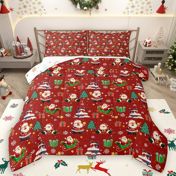 Homewish Magic Santa Claus Bedding Comforter Set for Kid, Christmas Tree Gift Twin Comforter Sets, Cartoon Stars Snowflake Reversible Bedding Set, Lightweight Room Decor, 2 Pieces
