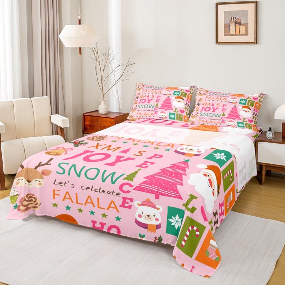 Homewish Magic Santa Claus Queen Sheet Sets, Girly Pink Xmas Tree Flat Sheet, Kawaii Christmas Cartoon Queen Fitted Sheet, Super Cozy Room Decor, 4-Piece