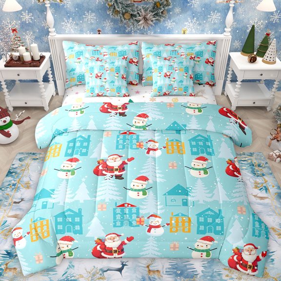 Homewish Magic Santa Claus Twin Bedding Sets 7-Piece for Teens, Cute Winter Snowman Bedding Comforter Set, Cyan Christmas Cabin Reversible Sheet Sets, Microfiber Bedroom Decor