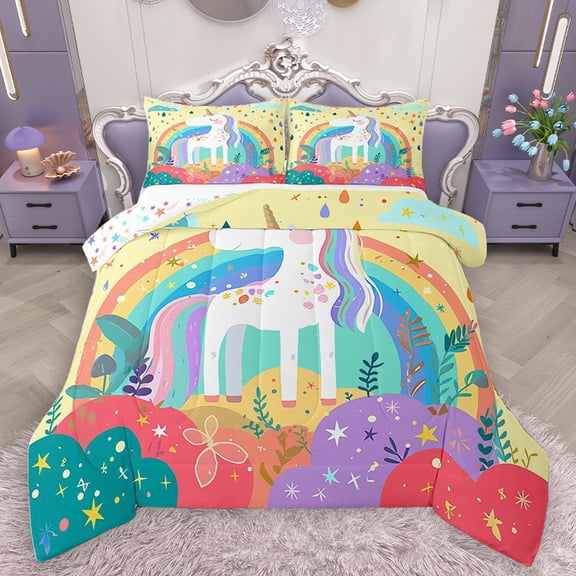 Homewish Magic Unicorn Animal Bedding Comforter Set for Kids, Mystic Rainbow Cloud Twin Comforter Sets, Kawaii Cartoon Theme Reversible Bedding Set, Microfiber Bedroom Decor, 2 Pieces
