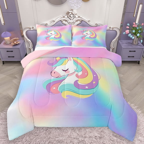 Homewish Magic Unicorn Animal Queen Comforter Set, Dreamy Rainbow Print Bedding Sets, Dreamy Fairy Tale Reversible Bedding Comforter Set, Ultra Soft Bedroom Decor, 3pcs
