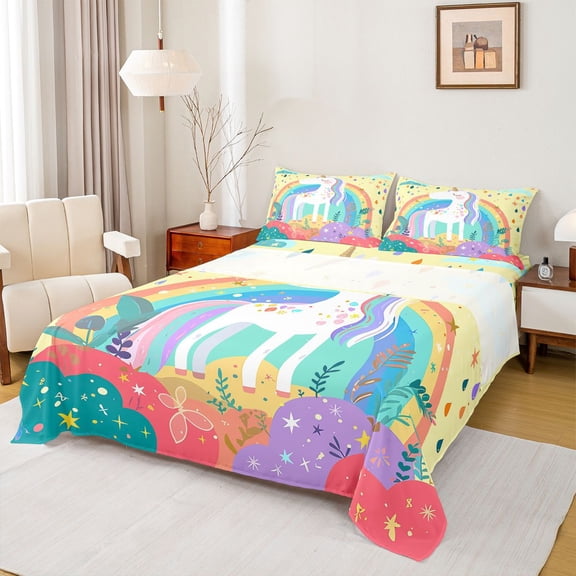Homewish Magic Unicorn Animal Twin Sheet Sets for Kids, Mystic Rainbow Cloud Twin Fitted Sheet, Kawaii Cartoon Theme Flat Sheet, Microfiber Bedroom Decor, 3 Pieces
