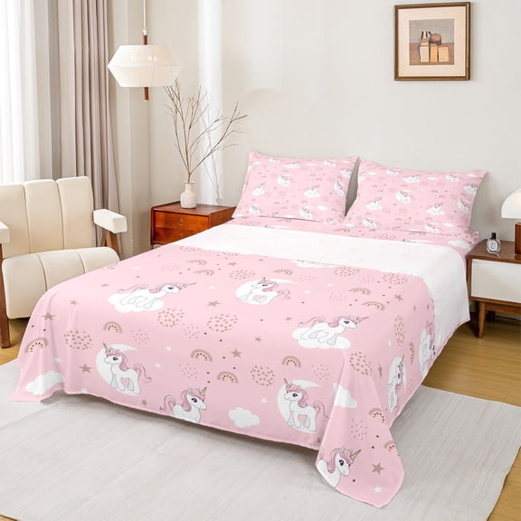 Homewish Magic Unicorn Teens Bed Sheets, Kawaii Animal Horse King Sheets, Dreamy Galaxy Stars Moon Sheet Set, Ultra Soft Bedroom Decor, 4pcs