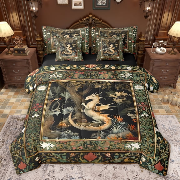 Homewish Magic Western Dragon Bedding Comforter Set 7pcs, Rustic Plant Botanical Queen Bedding Sets, Vintage Bohemian Animal Reversible Queen Sheet Sets, Ultra Soft Bedroom Decor