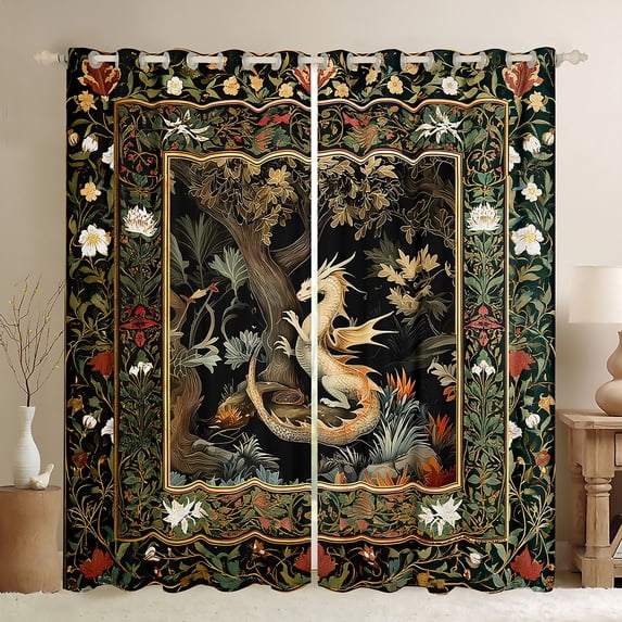 Homewish Magic Western Dragon Black Out Curtains, Rustic Plant Botanical Curtains Pack of 2 (42x63 Each), Vintage Bohemian Animal Bedroom Curtains, Black Out Curtains Bedroom Decor