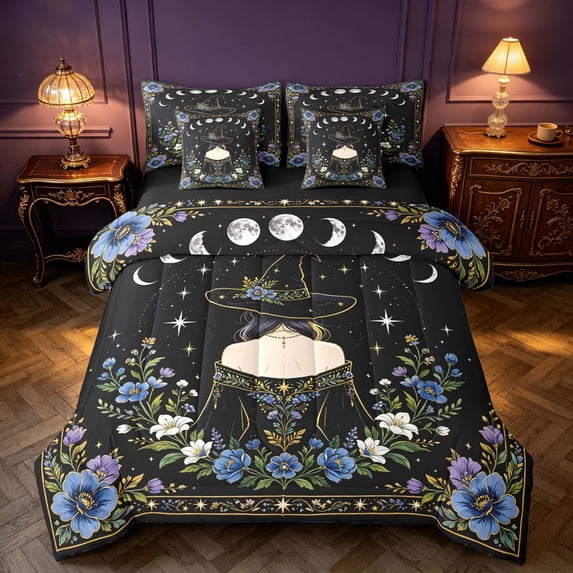 Homewish Magic Witch Twin Bedding, Chic Floral Flower Bedding Comforter Set, Moon Phase Star Decor, Black Reversible 7pcs