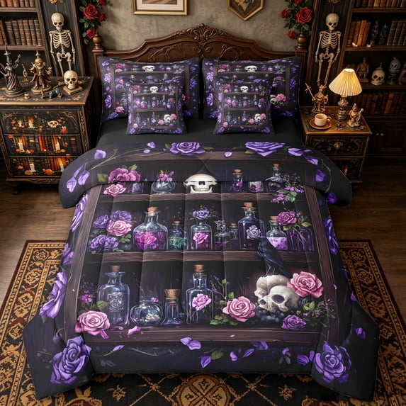 Homewish Magic Witchy Skull Shelf Twin Bedding for Women, Purple Rose Gothic Print Bedding Comforter Set, Black Reversible, 7pcs