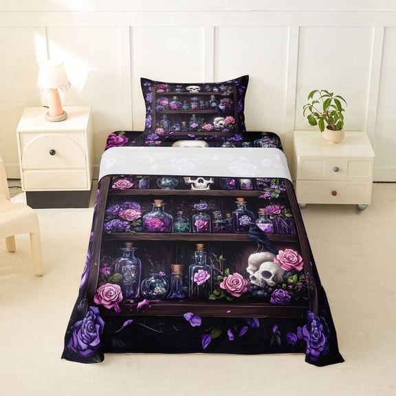 Homewish Magic Witchy Skull Shelf Twin Sheets for Women, Purple Rose Gothic Print Bedding, 3pcs, 1 Flat Sheet, 1 Fitted Sheet and 1 Pillowcase