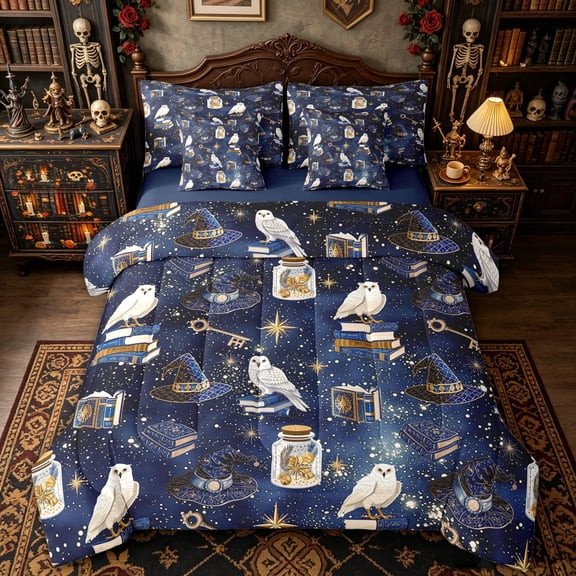 Homewish Magic Wizard Owl Twin Bedding for Kids, Blue Star Witch Hat Book Bedding Comforter Set, Navy Reversible, 7 Pieces