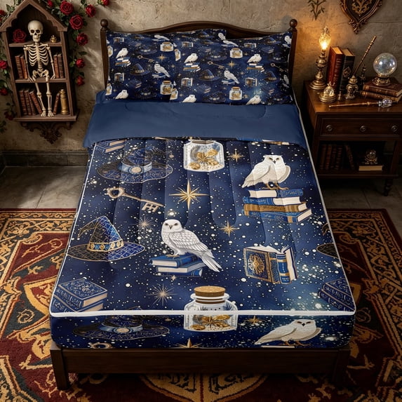 Homewish Magic Wizard Owl Zipper Full Size Comforter Sets with Fitted Sheet and 2 Pillowcases for Kids, Blue Star Witch Hat Book Zipper Bedding Set, Navy Reversible, 4 Pieces