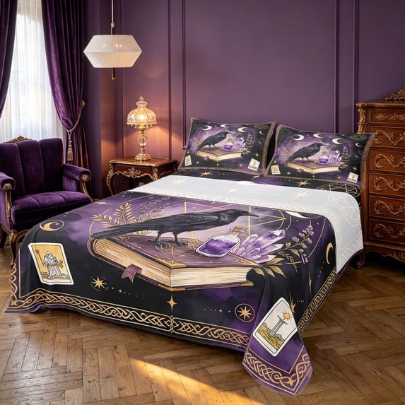 Homewish Magical Book Astrology Bed Sheets, Halloween Crow Full Size Sheets, 4pcs, 1 Flat Sheet, 1 Fitted Sheet and 2 Pillowcases