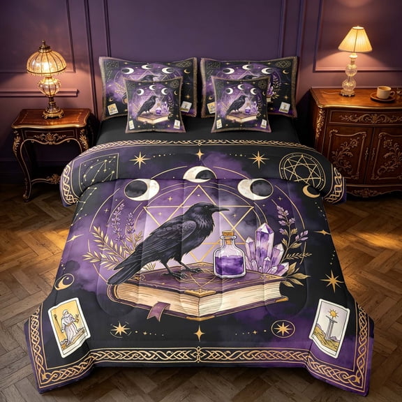 Homewish Magical Book Astrology Full Size Bedding Sets, Halloween Crow Full Size Bed in a Bag, Black Reversible 7pcs