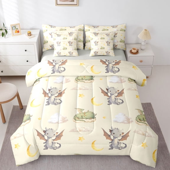 Homewish Magical Dragon 7-Piece Twin Bedding,Moon Stars Bedding Comforter Set,White Clouds,Light Gray Reversible