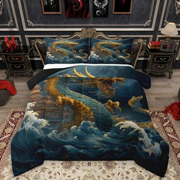 Homewish Magical Dragon Bedding Comforter Set 2pcs for Teens Boys Girls,Japanese Style Twin Comforter Sets Microfiber,Ocean Leaves Breathable Bedding Set,Luxury Bedroom Decor,Reversible