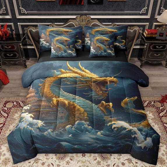 Homewish Magical Dragon Bedding Comforter Set 7-Piece for Teens Boys Girls,Japanese Style King Bedding Sets,Ocean Leaves Ultra Soft Bed Sheets,Luxury Bedroom Decor,Reversible