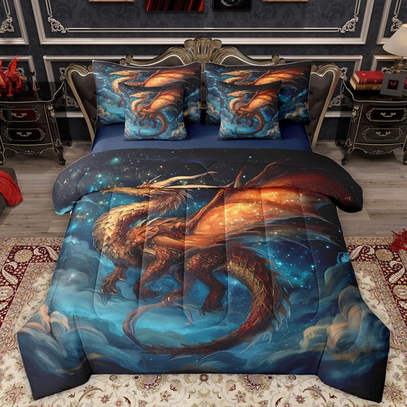Homewish Magical Dragon Bedding Comforter Set 7-Piece for Teens Boys Girls,Orange Blue King Bedding Sets,Universe Galaxy Ultra Soft Bed Sheets,Luxury Bedroom Decor,Reversible