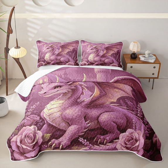 Homewish Magical Dragon Quilt Full,Rose Lavender Floral Full Bedspread Sets,Pink,3 Pieces