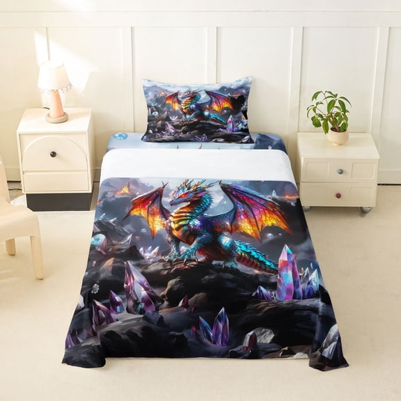 Homewish Magical Dragon Twin Sheets,Vintage Wildlife Bedding,Gray,3pcs,1 Fitted Sheet and 1 Pillowcase