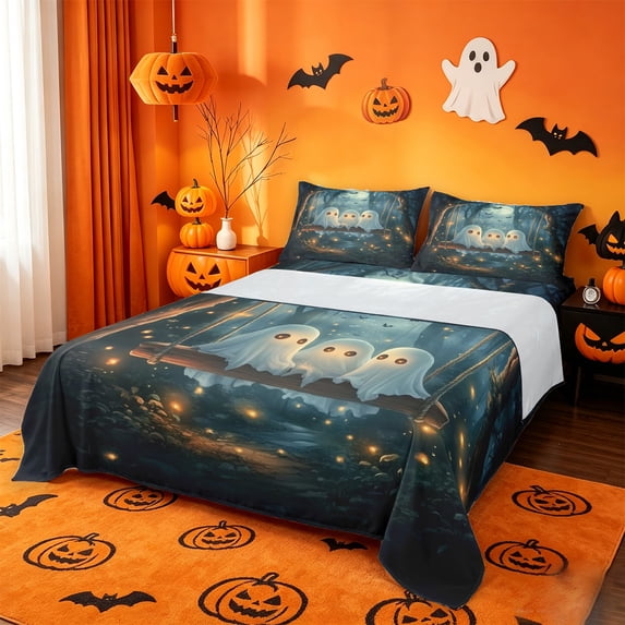 Homewish Magical Halloween Ghost Bed Sheets,Swing Firefly Moon Pattern Full Size Sheets,4 Pieces,1 Flat Sheet,1 Fitted Sheet and 2 Pillowcases