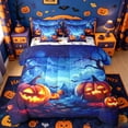 thumbnail image 1 of Homewish Magical Halloween Pumpkin 7-Piece Twin Bedding,Bat Night Sky Print Bedding Comforter Set,Deep Blue Orange,Halloween Reversible, 1 of 8
