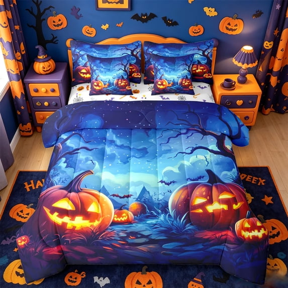 Homewish Magical Halloween Pumpkin 7-Piece Twin Bedding,Bat Night Sky Print Bedding Comforter Set,Deep Blue Orange,Halloween Reversible