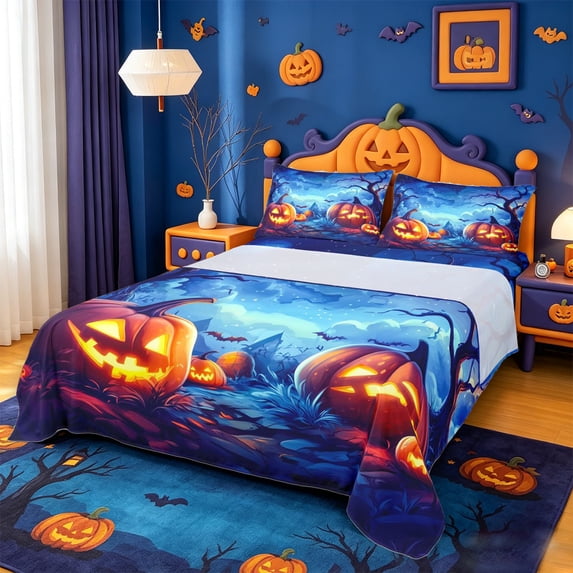 Homewish Magical Halloween Pumpkin Bed Sheets,Bat Night Sky Print Full Size Sheets,Deep Blue Orange,4 Pieces,1 Flat Sheet,1 Fitted Sheet and 2 Pillowcases