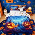 thumbnail image 1 of Homewish Magical Halloween Pumpkin Bedding,Bat Night Sky Print Duvet Cover Full,Deep Blue Orange,Halloween Reversible,3 Pieces,1 Duvet Cover and 2 Pillowcases, 1 of 6