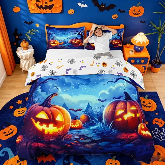 Homewish Magical Halloween Pumpkin Bedding,Bat Night Sky Print Duvet Cover Full,Deep Blue Orange,Halloween Reversible,3 Pieces,1 Duvet Cover and 2 Pillowcases