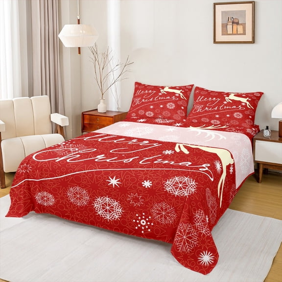 Homewish Magical Reindeer Elk Bed Sheets for Teens, Cartoon Xmas Snowflake King Sheets, Merry Christmas Sheet Set, Ultra Soft Bedroom Decor, 4 Pieces