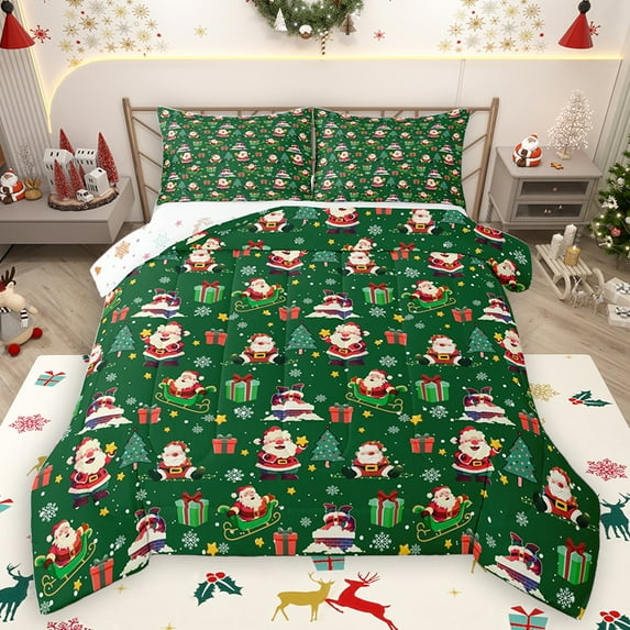 Homewish Magical Santa Claus Queen Comforter Set, Cartoon Xmas Tree Gift Bedding Sets, Green Christmas Theme Reversible Bedding Comforter Set, Luxury Bedroom Decor, 3pcs