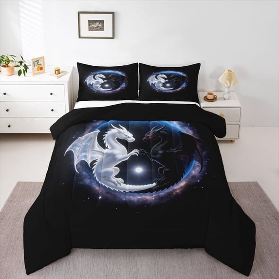 Homewish Magical Winged Dragon Queen Comforter Set,Retro Animal Comforter Sets Queen,White Black,Black Reversible,3pcs,1 Comforter and 2 Pillowcases