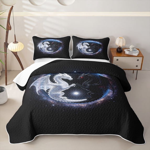 Homewish Magical Winged Dragon Quilt Full,Retro Animal Full Bedspread Sets,White Black,3 Pieces