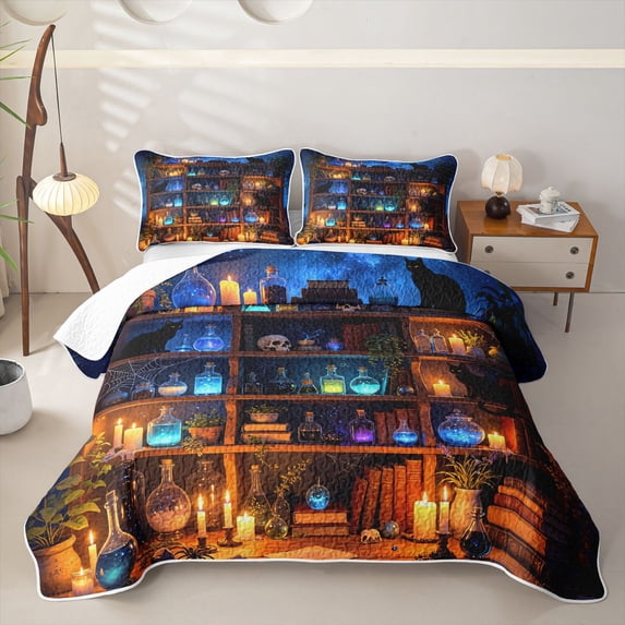 Homewish Magical Witch Book Shelf Twin Quilt Set for Boys Girls, Blue Glow Spider Web Plant Twin Coverlet Set, 2pcs