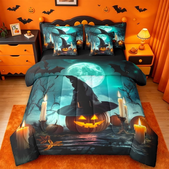 Homewish Magical Witch Halloween Pumpkin 7-Piece Twin Bedding,Moon Candle Tree Pattern Bedding Comforter Set,Black Reversible