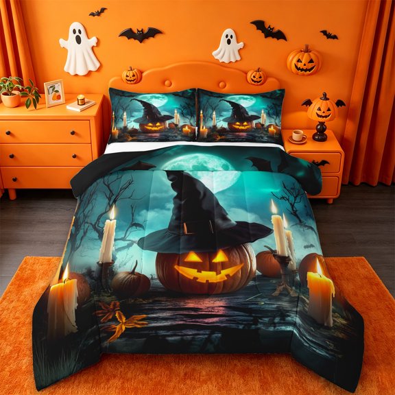 Homewish Magical Witch Halloween Pumpkin Queen Comforter Set,Moon Candle Tree Pattern Comforter Sets Queen,Black Reversible,3pcs,1 Comforter and 2 Pillowcases