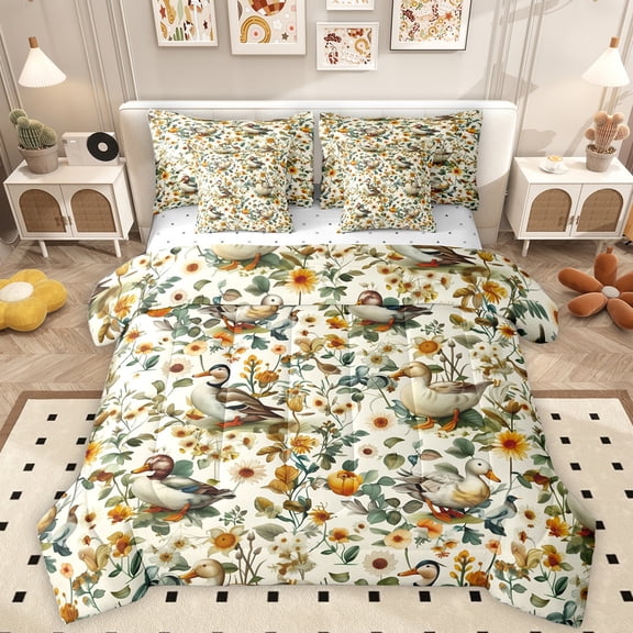 Homewish Mallard Duck 7-Piece Twin Bedding Sets,Country Floral Bedding Comforter Set,Green Gray Beige Sheet Sets For Kids,Luxury Bedroom Decor Reversible