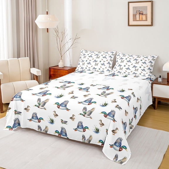 Homewish Mallard Duck Bed Sheets,Rustic Farmhouse Cabin King Sheets,Country Plant Leaves Sheet Set For Boys Kids,Luxury Bedroom Decor,4 Pieces
