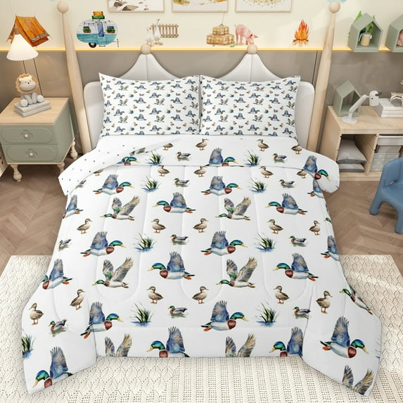 Homewish Mallard Duck Bedding Comforter Set,Rustic Farmhouse Cabin Twin Comforter Sets,Country Plant Leaves Bedding Set For Boys Kids,Luxury Bedroom Decor Reversible,2 Pieces