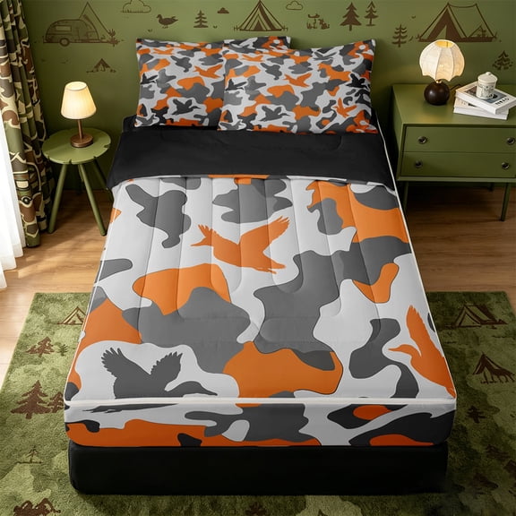 Homewish Mallard Duck Camo Zipper Queen Comforter Set with Fitted Sheet and 2 Pillowcases,Wild Camouflage Pattern Zipper Bedding Set For Boys,Black Reversible,4-Piece