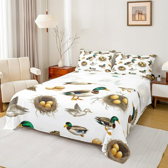 Homewish Mallard Duck Full Size Sheets 4-Piece for Teens Boys Girls,Retro Vintage Breathable Bed Sheets,River House Lightweight Sheet Sets,Lightweight Room Decor