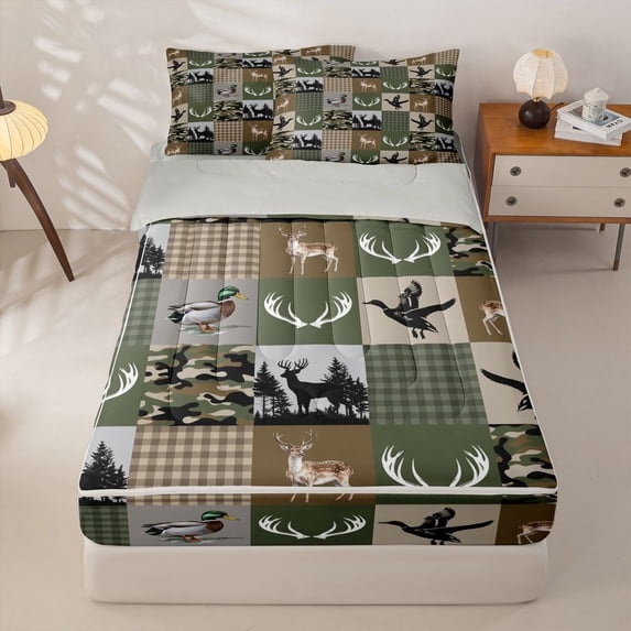 Homewish Mallard Duck Zipper Twin Comforter Sets with Fitted Sheet and 2 Pillowcases,Jungle Animals Deer Zipper Bedding Set For Boys Kids,Reversible,4 Pieces
