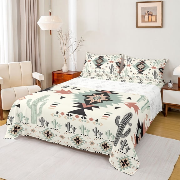 Homewish Mandala Aztec Adult Queen Sheet Sets, Tribal Western Cactus Flat Sheet, Hippie Triangle Abstract Queen Fitted Sheet, Microfiber Bedroom Decor, 4 Pieces