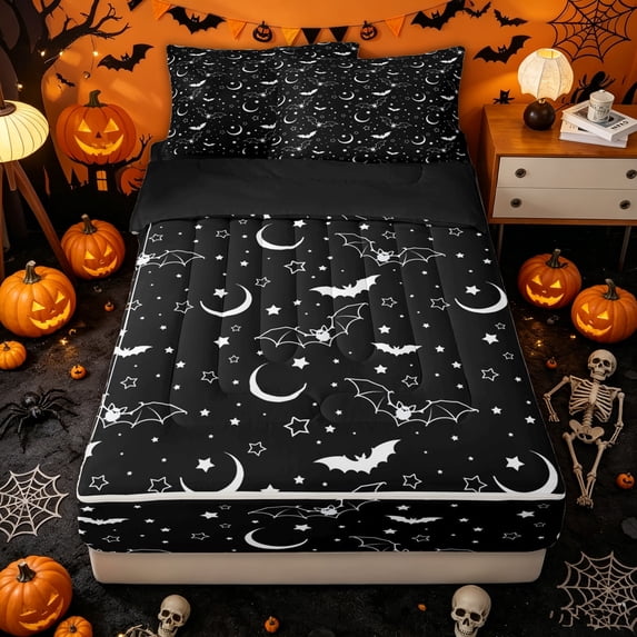 Homewish Mandala Bat Mopon Stars Zipper Twin Comforter Sets with Fitted Sheet and 2 Pillowcases for Kids, Happy Halloween Zipper Bedding Set, Black Reversible, 4 Pieces
