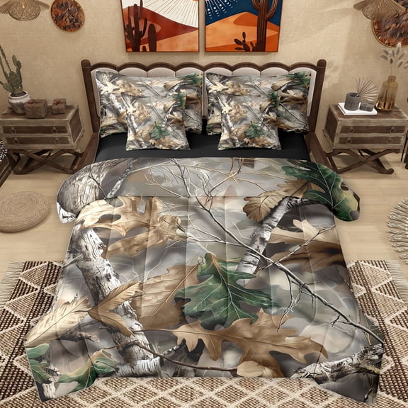 Homewish Maples Leaves 7-Piece Bedding Comforter Set,Country Plant King Bedding Sets,Birch Branch Bed Sheets For Adults,Breathable Home Decor Reversible