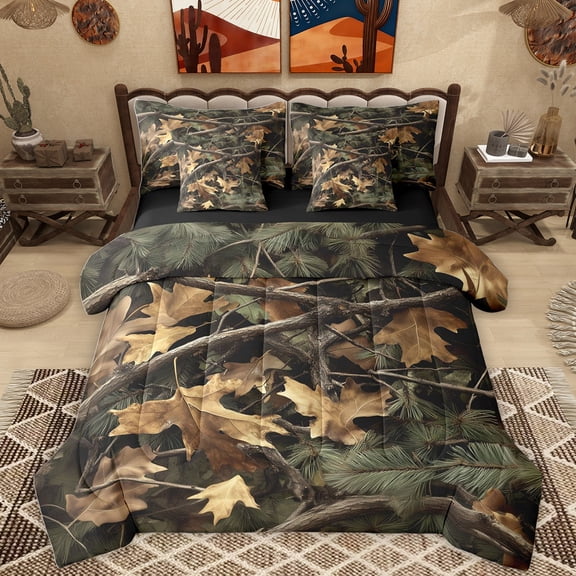 Homewish Maples Leaves 7-Piece Twin Bedding Sets,Country Plant Branch Bedding Comforter Set,Green Brown Sheet Sets For Adults,Breathable Home Decor Reversible