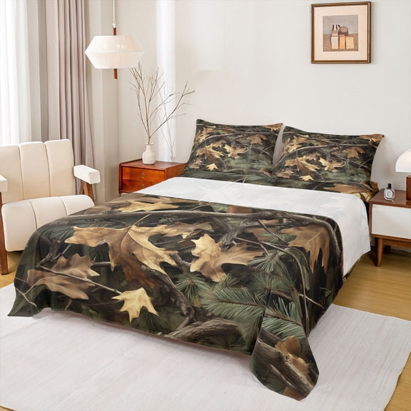 Homewish Maples Leaves Twin Sheet Sets,Country Plant Branch Twin Fitted Sheet,Green Brown Flat Sheet For Adults,Breathable Home Decor,3 Pieces