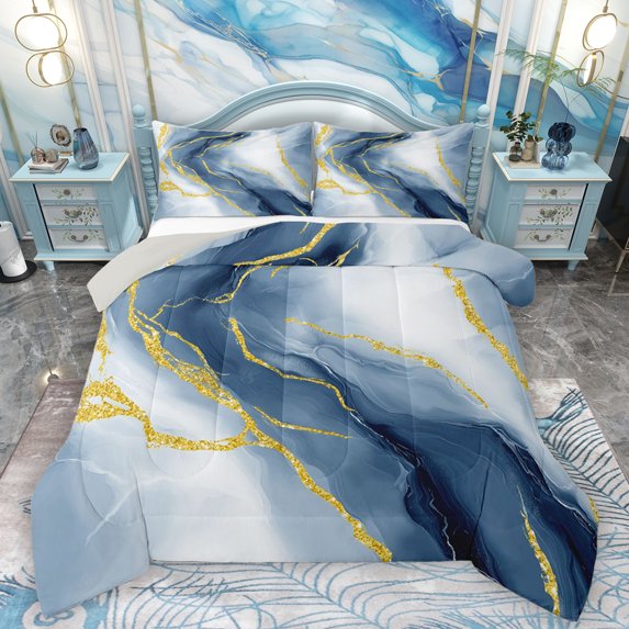 Homewish Marble Pattern Bedding Comforter Set,Fluid Stripe Aesthetic Twin Comforter Sets,Deepblue Gold Bedding Set For Girls Teens,Ultra Soft Home Decor Reversible,2pcs