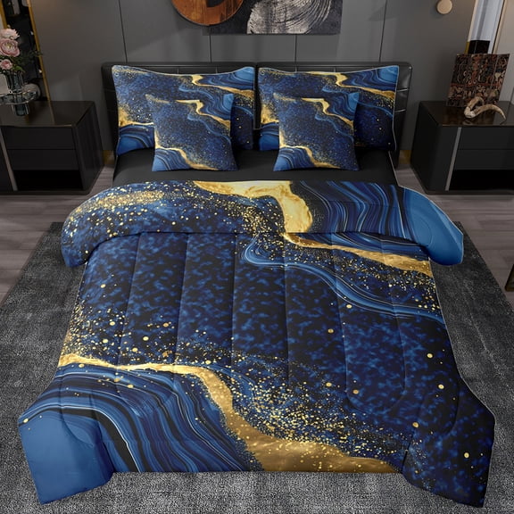 Homewish Marble Texture Road 7-Piece Bedding Comforter Set,Chic Glitter Print King Bedding Sets,Gold Blue Bed Sheets For Girls Kids,Super Cozy Room Decor Reversible